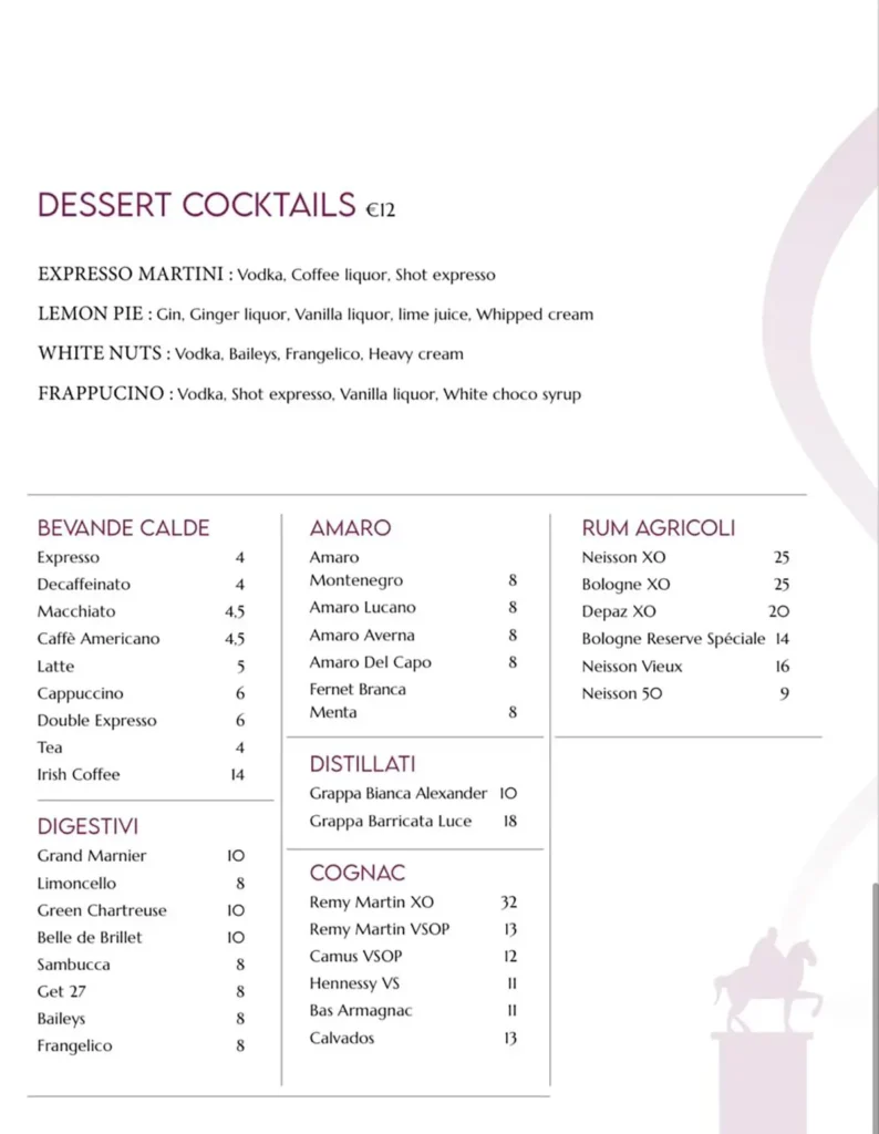 Spiga Menu 2025 - Dessert Cocktails - After dinner Drinks